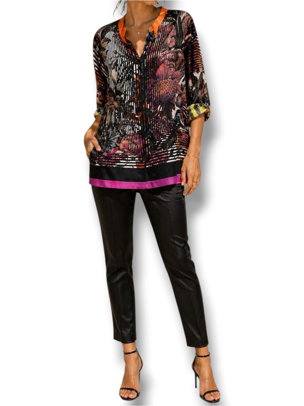 Elie Tahari Silk Floral Stripe Tunic Blouse Contrast Satin Trim High Low Hem